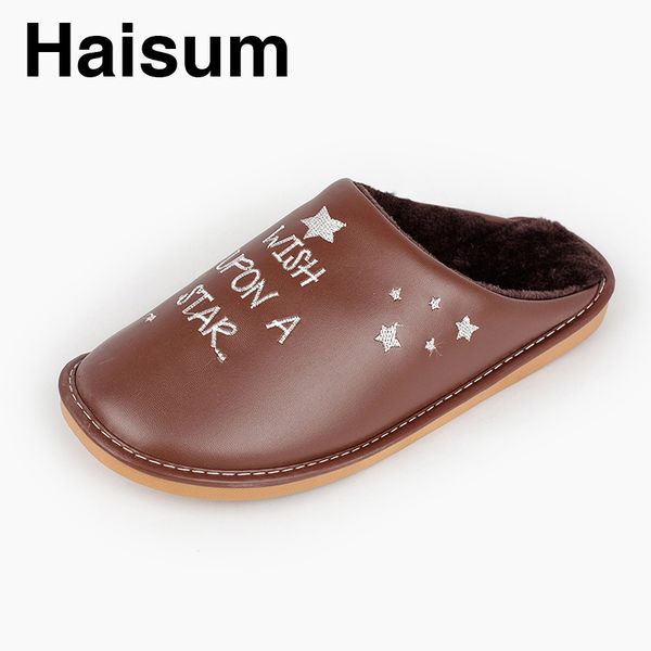 

men 's slippers winter pu leather home indoor non - slip thermal slippers 2018 new haisum l178, Black