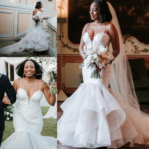 

romantic nigerian african wedding dresses mermaid trumpet plus size spring country wedding gowns spaghetti straps 2020 elegant bridal gown, White