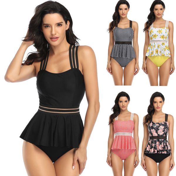 

2020 summer swimwear women's webbing skirt split swimsuit conservative cover belly bikini european and american style fashion, White;black