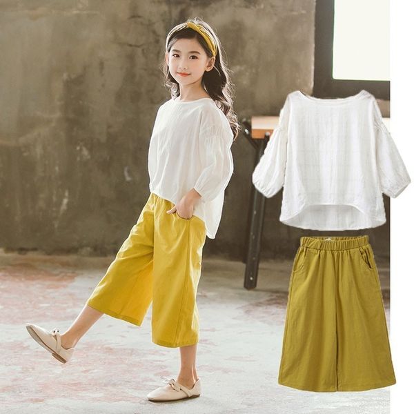 

kids 2020 fashion summer big girls outfits spring cotton casual children clothing set 2pcs shirts and pants girl set baby t200629, White