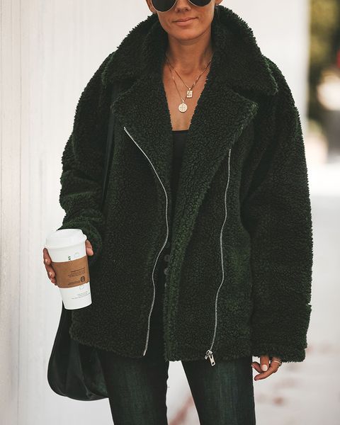 

женская мода с длинным рукавом нагрудных zip up faux shearling shaggy крупногабаритных пальто куртки с карманой теплой зимы, Black
