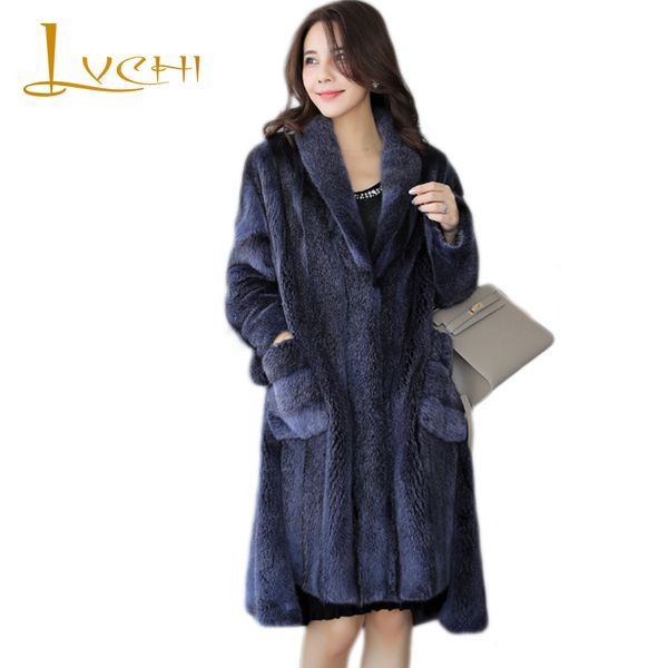 

lvchi winter 2019 import swan velvet coat office lady real coat women's with fur hood x-long pocket causal mink coats, Black