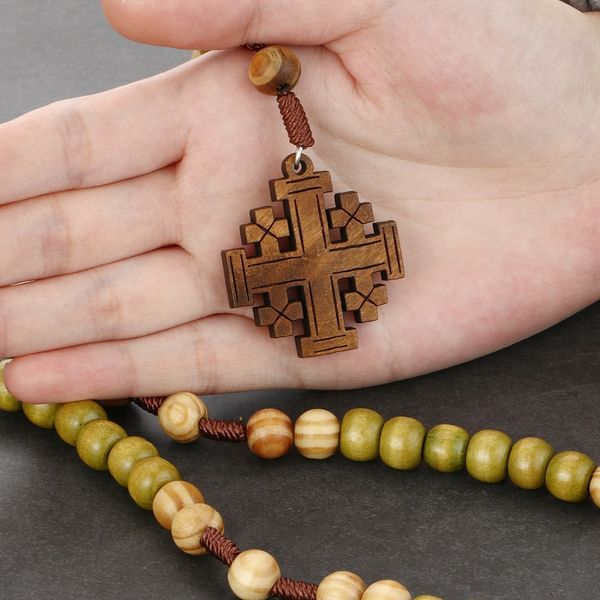 Regali religiosi per la madre Collana antica con pendenti con croce di Gerusalemme in legno Collana con perline di rosario per gioielli da donna Dio ti benedica