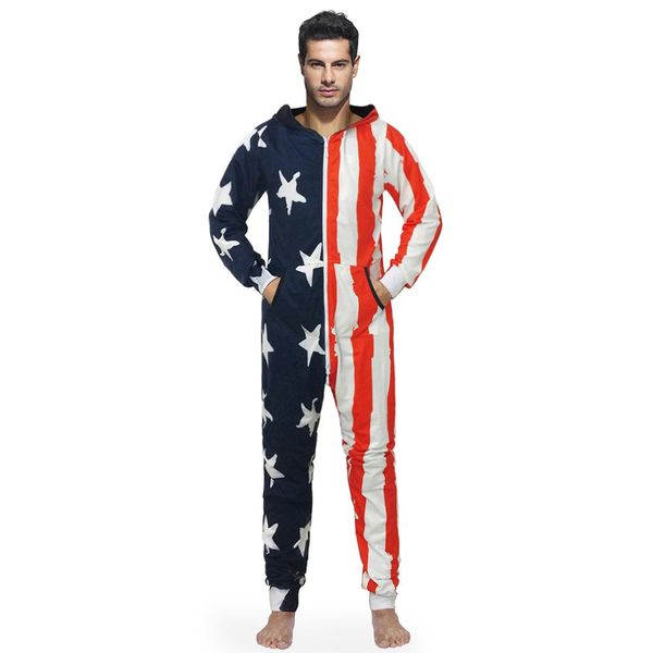 

winter men's star stripe flag printed playsuit one piece mens women superman hooded zipper jumpsuit loose overalls