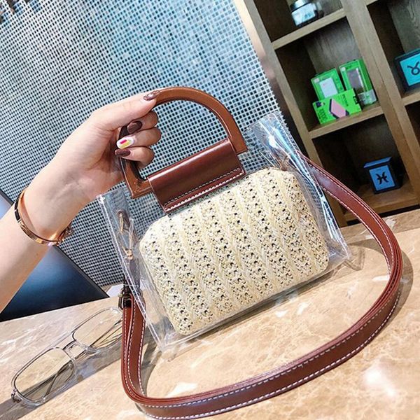 

auau-women clear bags summer straw crossbody shoulder bags two piece women transparent handbag clutch purse
