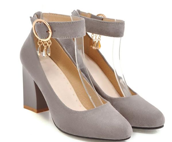 

2019 suede women's shoes in spring and autumn with new style high heel coarse heel round head water drill@18, Black