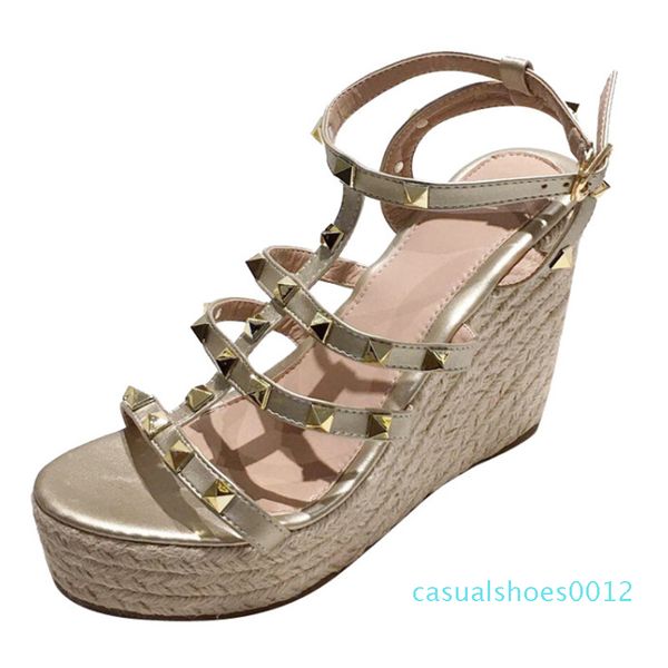 

2020 new rivet wedge sandals women shoes fashion gold platform sandals high heels ladies shoes c12, Black