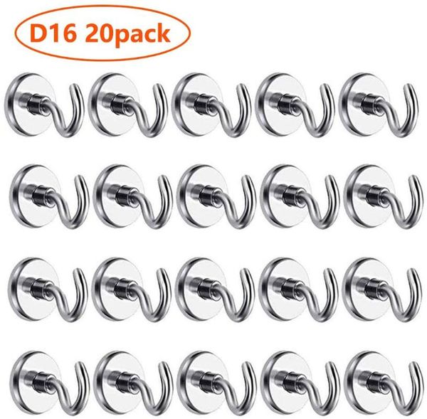 

d16 heavy duty neodymium rare earth magnet hook (20 pack), 12lb pulling force hanging mighty magnetic hooks great for fridge