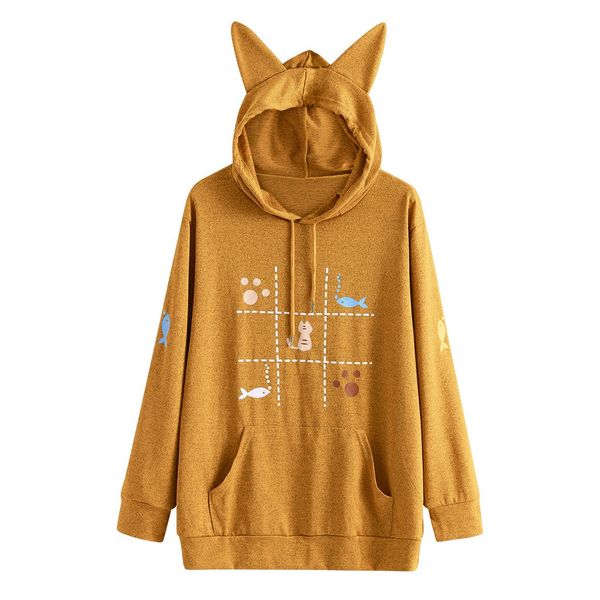 

мода harajuku стиль девушки с длинным рукавом печати cat ear толстовку женская пуловер с капюшоном толстовка толстовка толстовки кулиской, Black