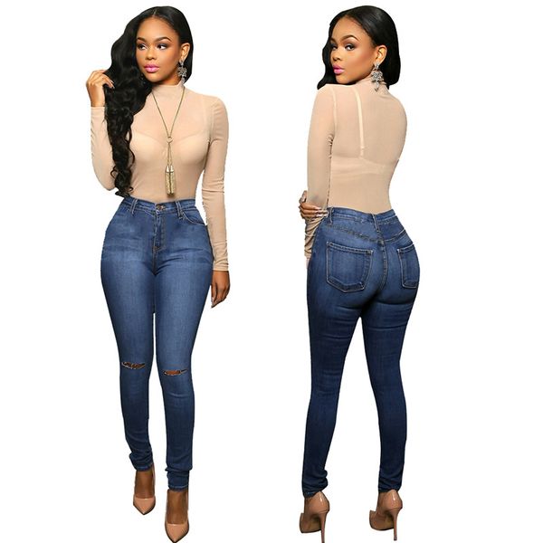 

women jeans high waist elastic ripped keen holes denim pencil pants women's casual classic blue jeans plus size