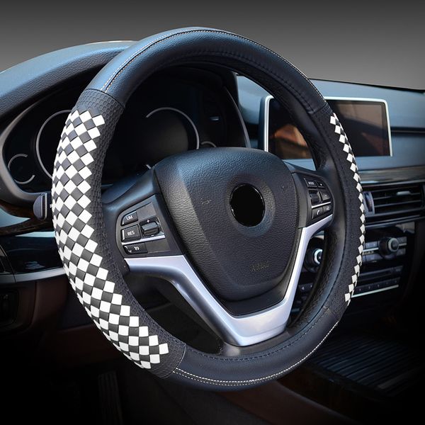

fiber leather car auto vehicle 38cm 15 inch steering wheel cover grid pattern cute women men use universal auto accessories