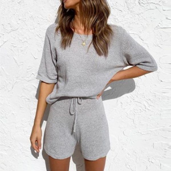 

summer women 2 piece set beach casual o neck khaki short sleeve two piece set crop and shorts drawstring outfits, White