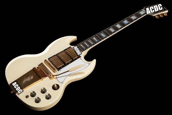 

1963 sg custom classic white electric guitar long version maestro vibrola tremolo tailpiece & harpe logo, 3 humbucker pickup, gold hardware