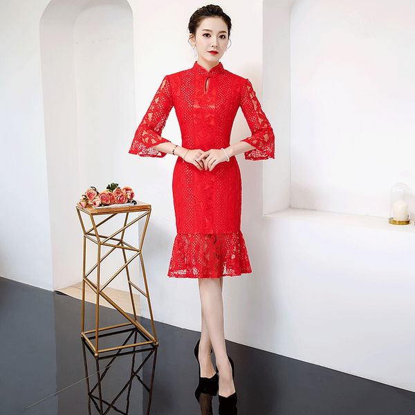 

red hollow out women bride wedding dress satin cheongsam lantern sleeve embroidery flower evening party gown novelty vestidos