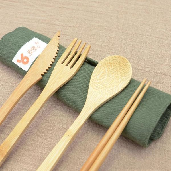 

portable bamboo cutlery set outdoor travel flatware set knife chopsticks fork spoon dinnerware sets for student tableware 7pcs/set lxl874-1