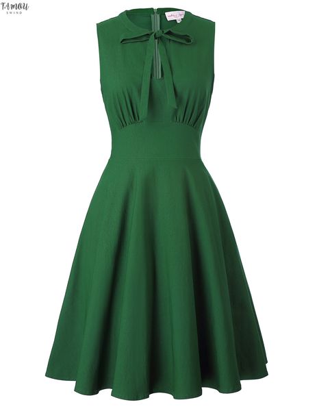 

new sleeveless tied neck dress elegant knee length high stretch dresses women solid color shirred decor party a line dress green, Black;gray