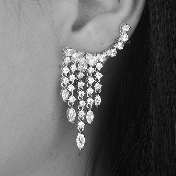 

godki brand new fashion popular luxury water drop cubic zirconia ear clip wedding earring for women, Silver