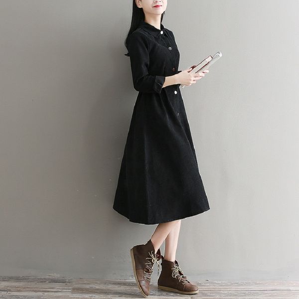 

women designer dresses woman clothes girl autumn winter collar solid corduroy vestidos de festa full sleeve elegant 1 2 sleeve a line, Black;gray