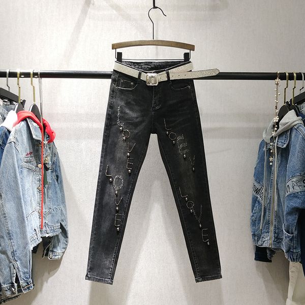 

high waist pencil jeans fwomen 2019 autumn new letters drilling bead feet skinny jeans, Blue