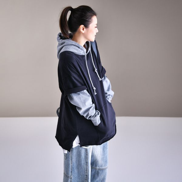 

micoco r2006 контрастный цвет сплайсинга поддельные два топа с меховой подкладкой толстовки, Black