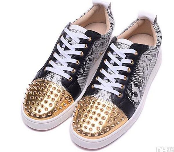 

new 2019 wholesale mens gloden spikes toe with snakeskin leather red bottom low sneakers,designer brand genuine leather flat causal t01, Black