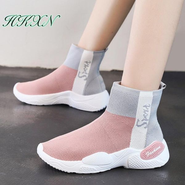 

hkxn shoes woman 2019 autumn new mesh sneakers ankle boots fashion casual wild set foot thick bottom round head women's shoes, Black