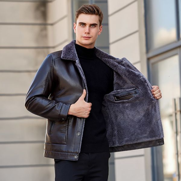 

men's fur & faux 2021 sheepskin jacket winter thick leather garment casual flocking clothing men, Black