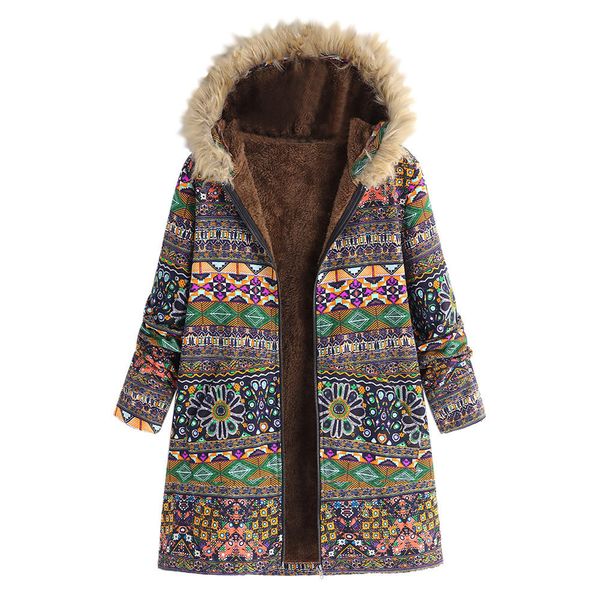 

womens coat winter warm outwear floral print hooded pockets vintage oversize coats women's casual outwear plus size long coat, Black;brown