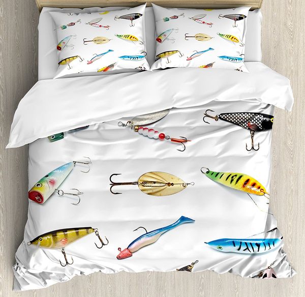 Fishing Decor Duvet Cover Set Several Fish Hook Equipment Trolling