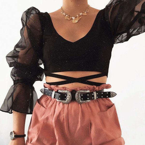 

women summer solid color mesh blouses puff sleeve and blouses white black casual shirts lady crop
