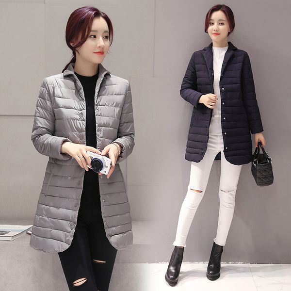 

2019 woman spring padded warm coat ultra light down cotton jacket long female overcoat slim solid jackets winter coat, Black