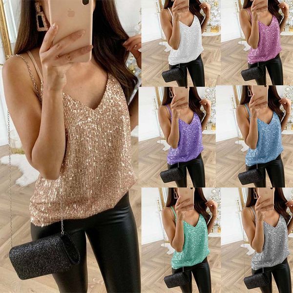

s-5xl shiny deep v cut neck sequin tank womens sleeveless glitter camisole loose t shirt for lady girls big size tee, White