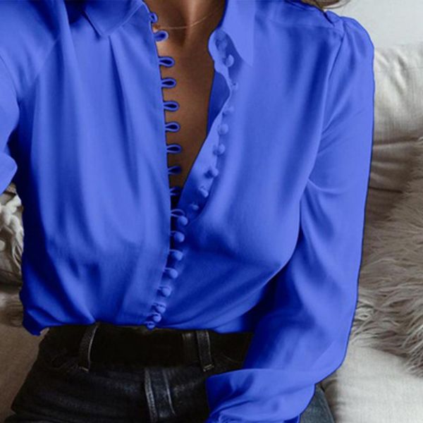 

autumn winter women solid casual knitted button turn-down collar shirts lady long sleeve blouses, White