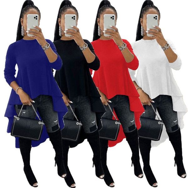 Mulheres cor sólida irregular Hi-Lo top preto branco azul vermelho camiseta vestido manga comprida saia com capuz plus size vestuário exterior superior DHL 2280