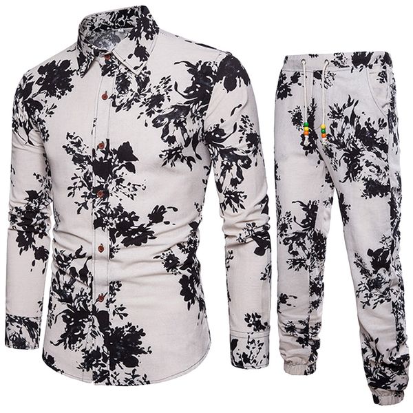 

feitong colorful floral printed men's sets slim business fit shirt folk-custom comfortable material linen new blouse pants, Gray