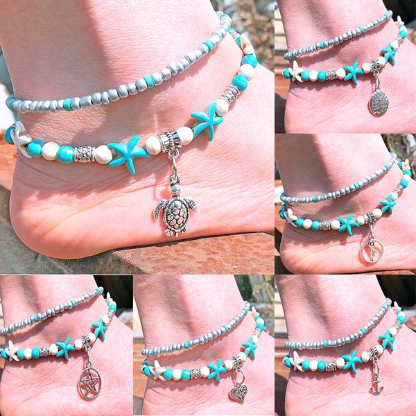 

european and american fashion conch ball yoga anklet bracelet beach turtle pendant starfish pearl crystal bead bracelet anklet, Red;blue