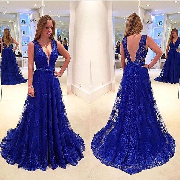 

v neck a line prom dress royal blue full lace prom dresses backless plugging fiesta evening gowns robe de soiree party gowns