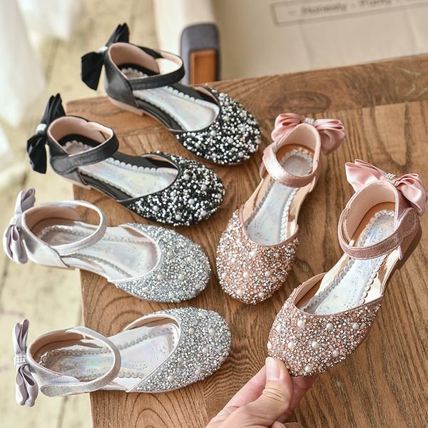 

girls children princess leather shoes crystal girls dresses shoes kids summer prom party pearl sequins bow-tie baby d05132, Black;grey