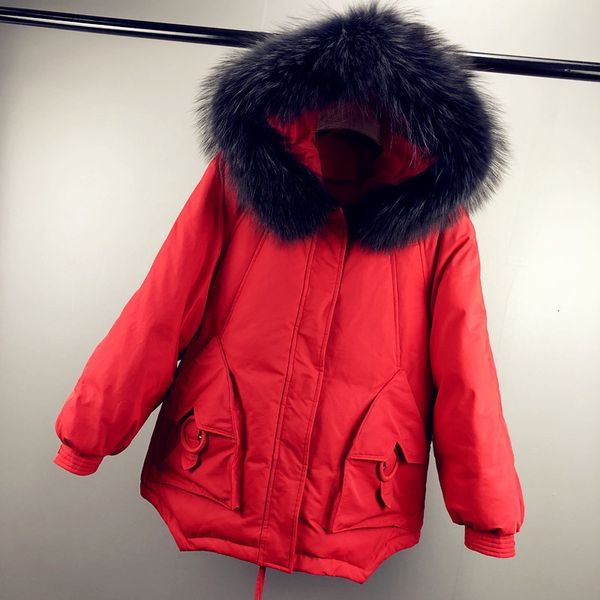 

big real raccoon fur collar 2020 winter jacket women female windproof warm outwear white duck down jacket loose warm down coat, Black