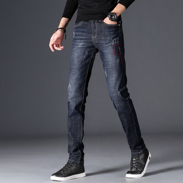 

2019 men's autumn and winter new handsome embroidery stretch jeans trend four seasons quality jeans, Blue