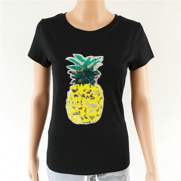 

fashion summer fashion new loose tee women embroidered pineapple sequins t-shirt girl code, White