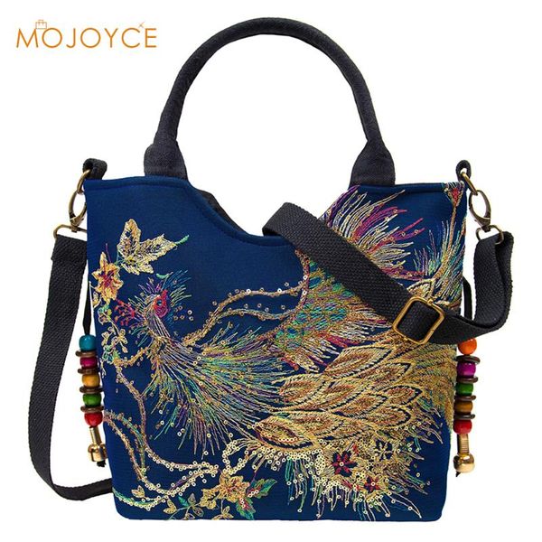 

women's handbag ethnic style canvas casual shoulder bag fashion peacock embroidery satchel tote bag canvas travel shoulder