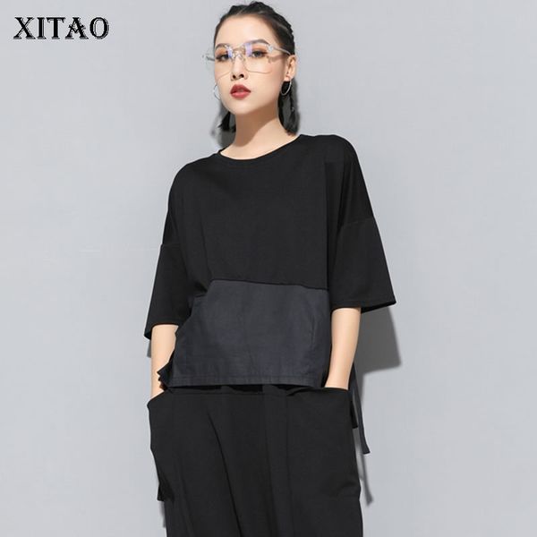 

xitao] new women korea fashion new o-neck half sleeve loose t-shirt female solid color patchwork pocket pullover tee zll3453, White