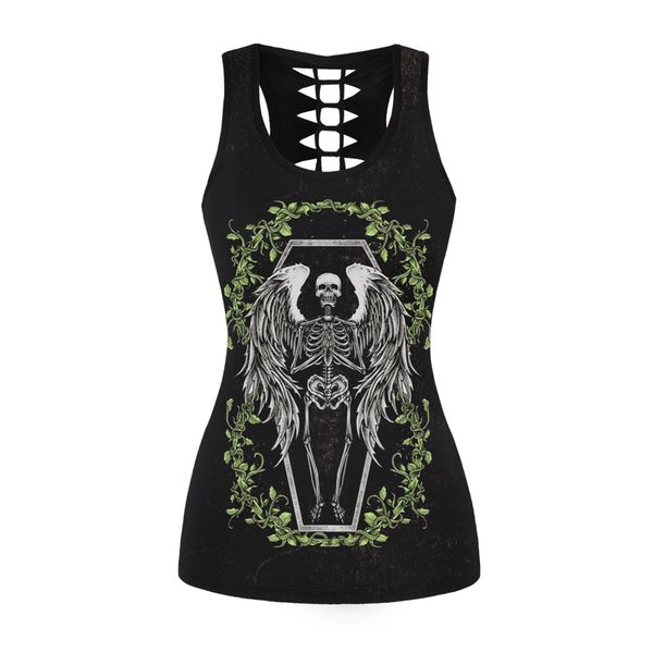 

women sport vest skull 3d print femme yoga shirt hollow out running fitness t-shirt skeleton tank skinny elastic gym blouse, White;red