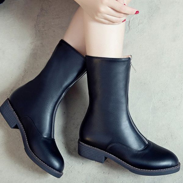 

rimocy winter warm plush inside zip mid calf boots women pu round toe woman booties fashion square heel shoes mujer, Black