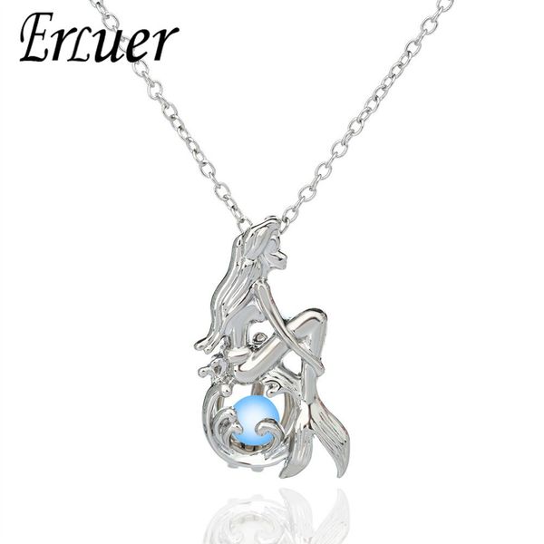 

erluer pretty mermaid luminous pendant necklaces for women bead glow in the dark silver plated fashion necklace halloween gift