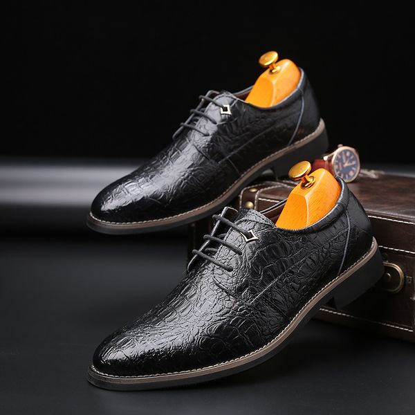 

shoes men black crocodile pattern printed pointed-toe formal wear leather shoes business formal derby brown blue lace-up