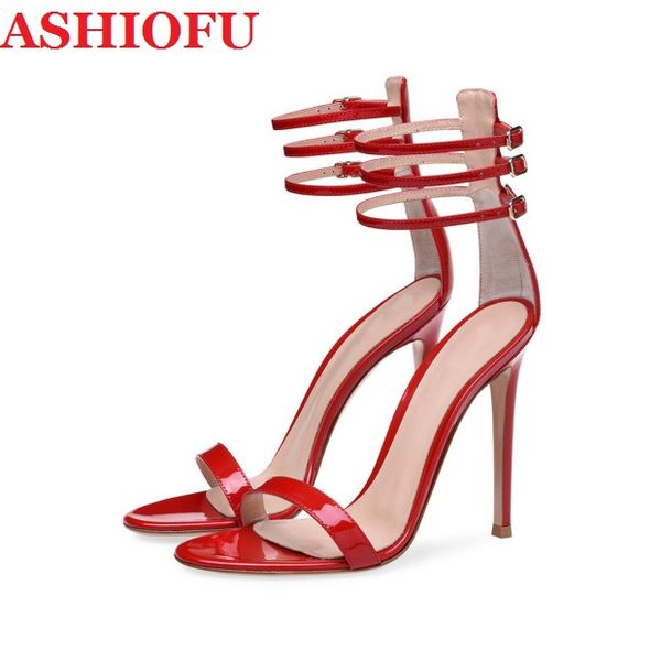 

ashiofu handmade ladies stiletto heels sandals shinny patent leather party prom shoes open-toe evening fashion sandal shoes, Black