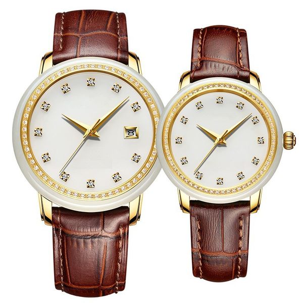 

2019 fashion watches with diamond insert calendar automatic mechanical leather strap manufacturers customized jade, Slivery;brown