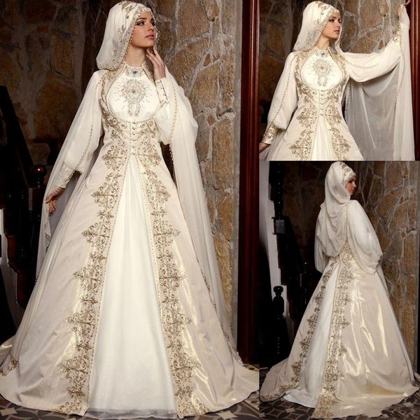 

2020 vintage arabic muslim wedding dresses with long sleeves high neck gold embroidery beads luxury bridal ball gown with cloak